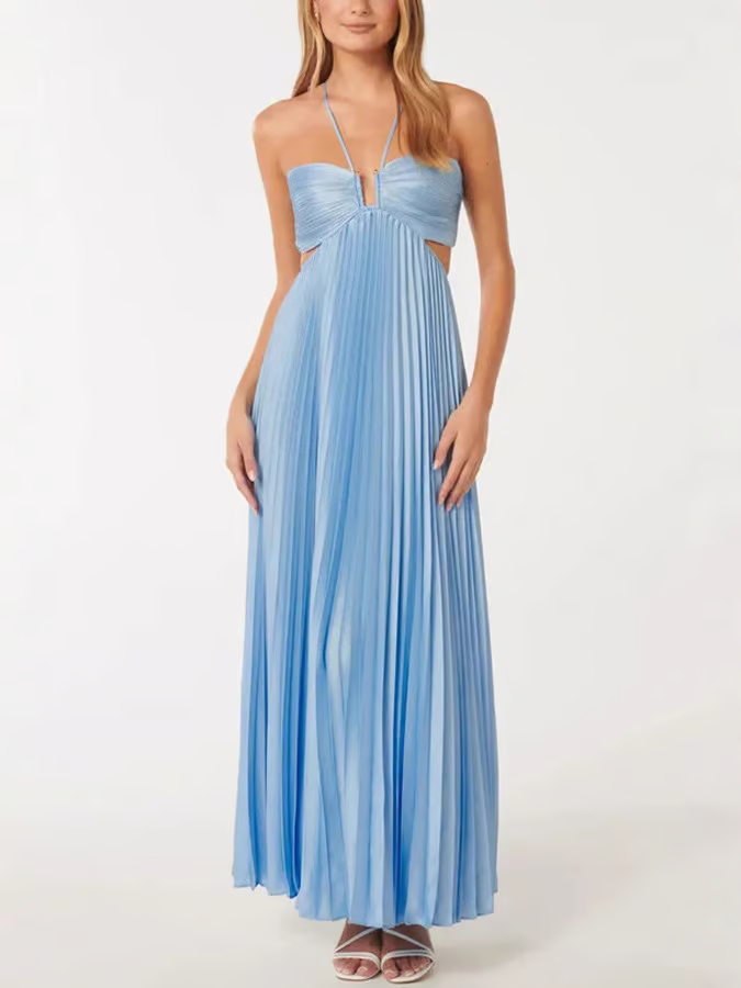 Strappy blue pleated maxi dress for women, chic cutout design, ideal as a wedding guest or party dress.