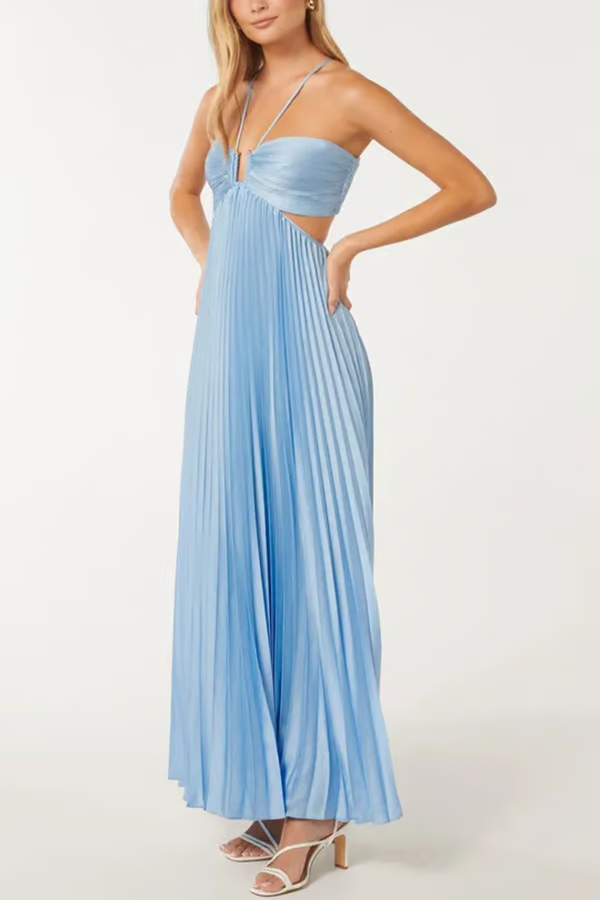 Stylish blue pleated maxi dress for summer weddings. Features elegant cutouts, perfect for formal occasions.