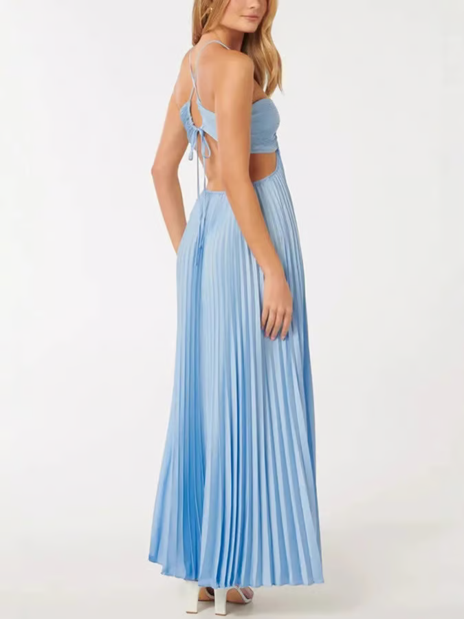 Chic women's blue maxi wedding guest dress. Features delicate pleats and trendy cutouts, elegant for formal parties.