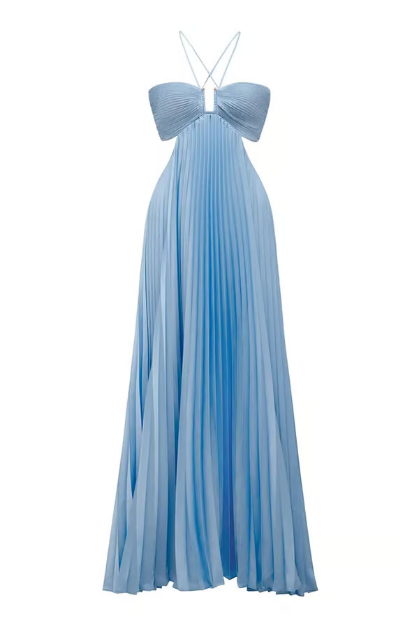 Flattering blue pleated cutout maxi dress, elegant for women attending weddings, formal parties, or summer events.