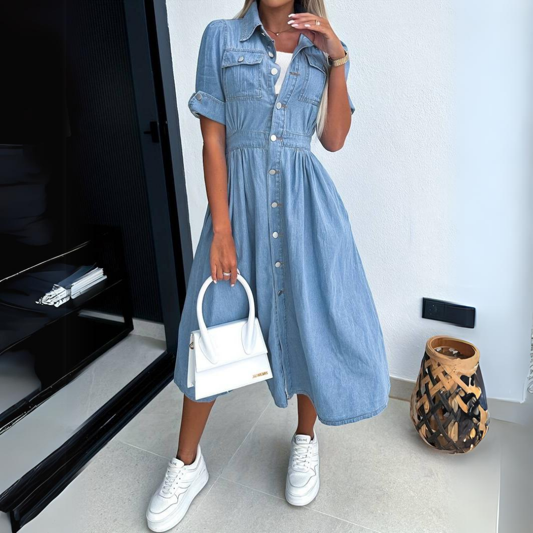 Women's chic button-front midi dress with short sleeves, perfect for spring casual wear. Flattering fit.