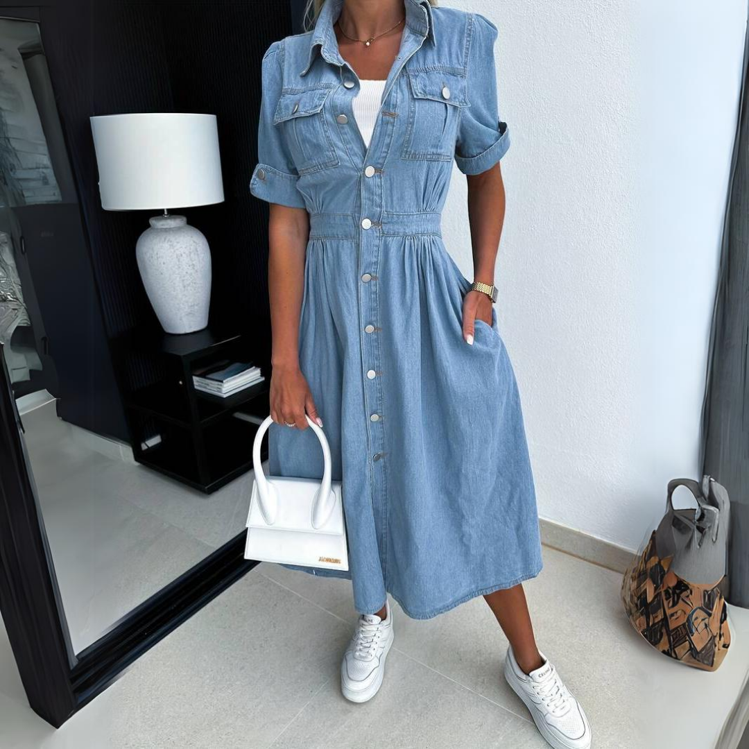 Stylish women's button-up midi dress with short sleeves. Ideal for summer outfits & daywear. Chic apparel.