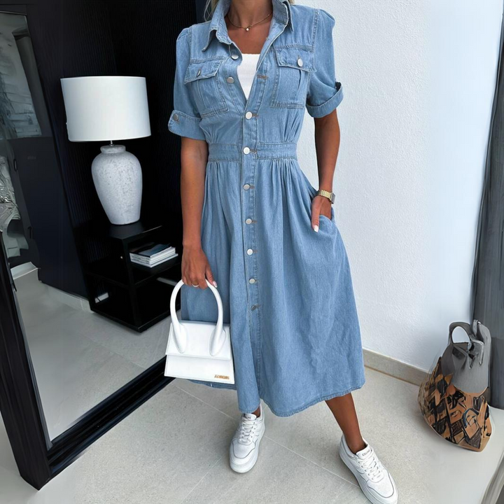Stylish women's button-up midi dress with short sleeves. Ideal for summer outfits & daywear. Chic apparel.