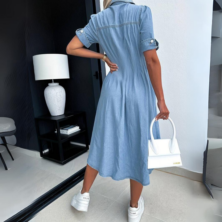 Versatile women's button-front midi dress with short sleeves, a chic choice for daywear and summer style.