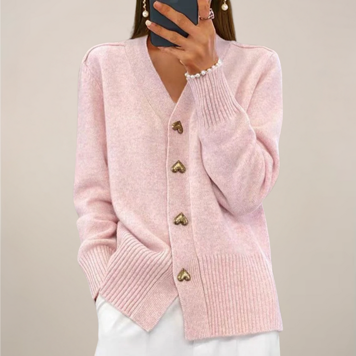 Versatile women's chic cardigan, long sleeve, with distinctive gold heart buttons. Great for casual & workwear.