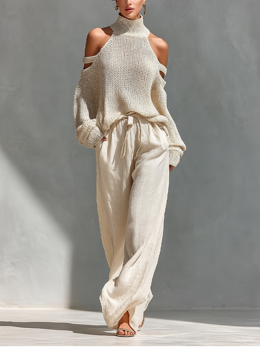 Women's chic cold shoulder top & wide leg pant 2-piece set. Elegant, comfortable resort wear for summer.