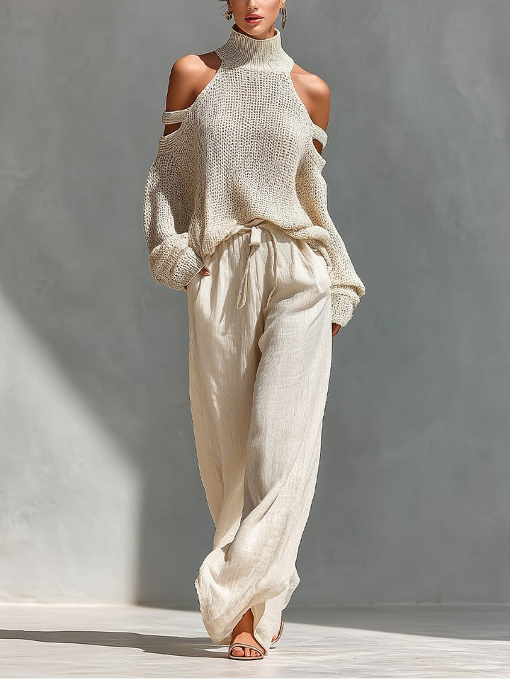 Women's chic cold shoulder top & wide leg pant 2-piece set. Elegant, comfortable resort wear for summer.