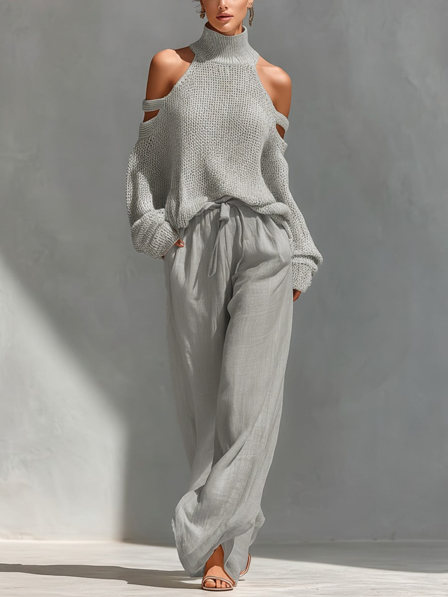 Elegant women's cold shoulder top & matching wide leg pants set. Perfect for spring fashion or casual chic loungewear.