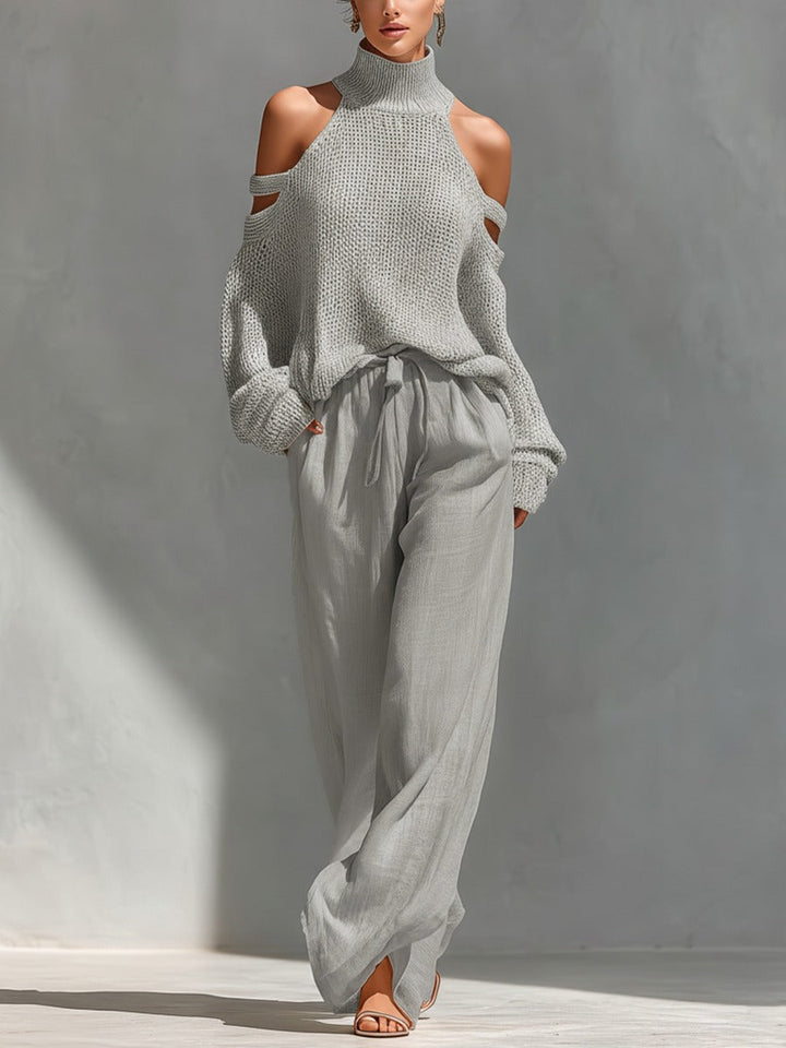 Elegant women's cold shoulder top & matching wide leg pants set. Perfect for spring fashion or casual chic loungewear.