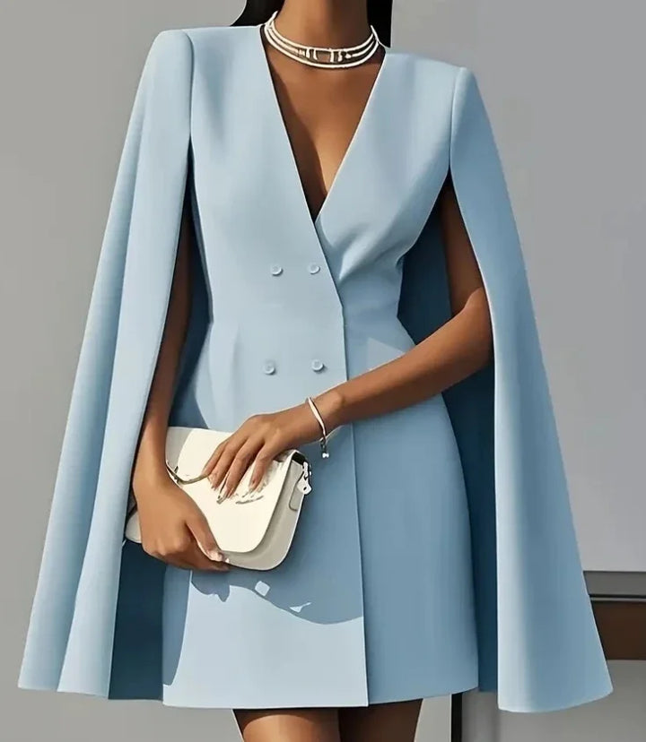 Elegant double-breasted mini dress for women, featuring unique cape sleeves and a flattering V-neck, ideal for parties.