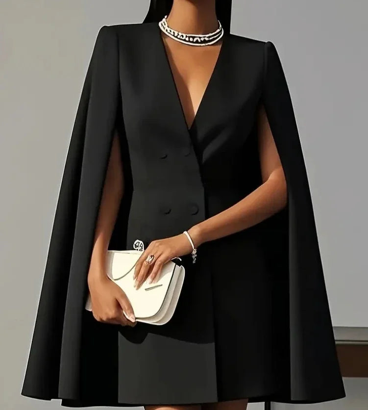 Women's V-neck double-breasted mini dress with flowy cape sleeves, a sophisticated choice for formal occasions.