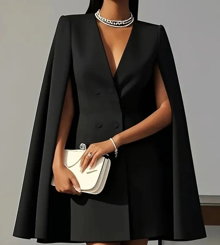 Women's V-neck double-breasted mini dress with flowy cape sleeves, a sophisticated choice for formal occasions.