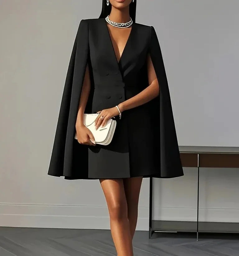Statement-making women's mini dress: chic double-breasted cut with dramatic cape sleeves, perfect for evening wear.