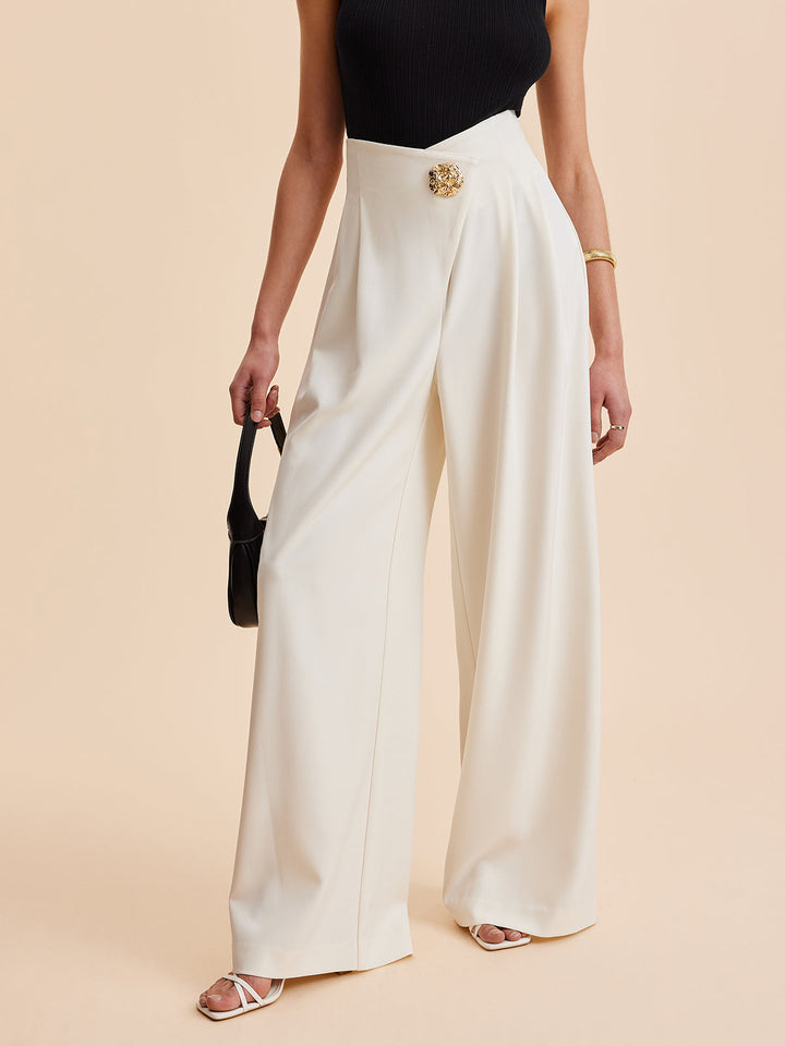Khaki wide-leg high-waist pants. Versatile women's bottoms for elegant workwear or casual spring outfits.