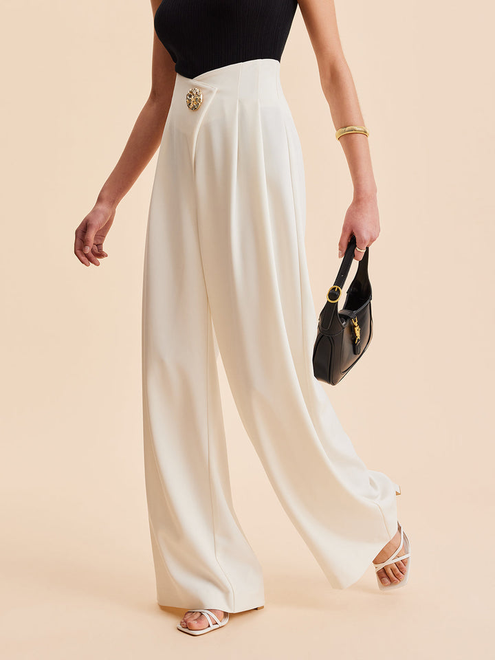 Black high-waist wide-leg pants. Women's chic embellished design with invisible zipper, perfect for any occasion.