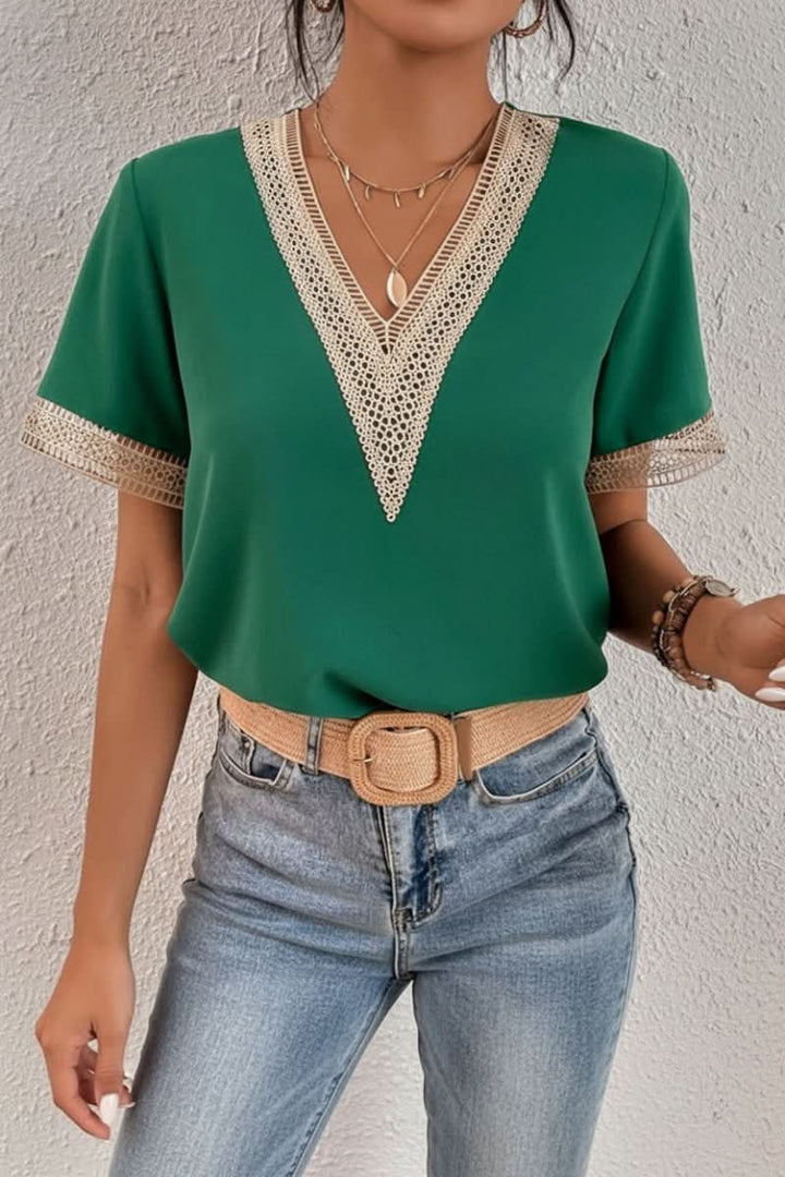 Close-up of soft cotton fabric on women's everyday t-shirt. Comfortable wear chic style casual top.