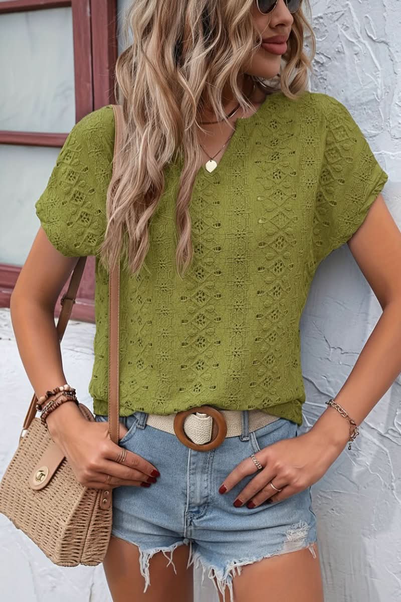 Elegant women's eyelet t-shirt, short sleeves & a trendy notched neckline. Comfortable for any occasion.