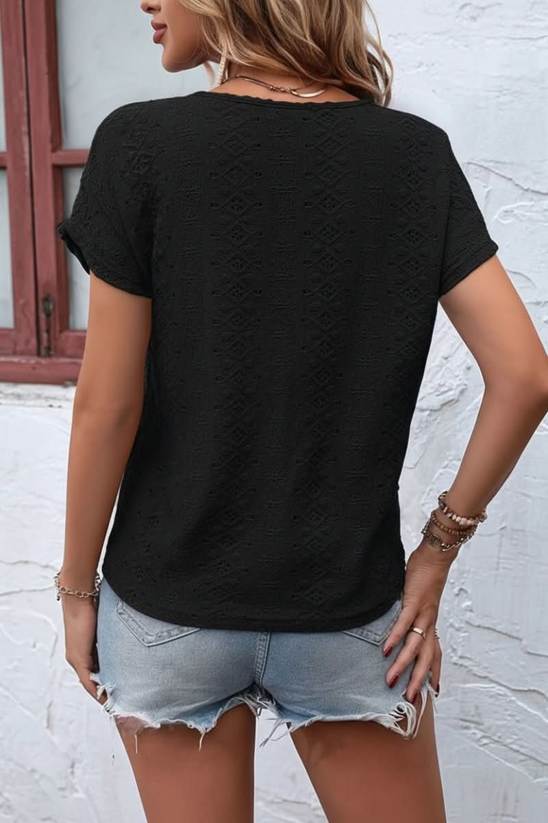 Soft women's eyelet t-shirt with notched V-neck & short sleeves. Stylish & comfortable for all day.