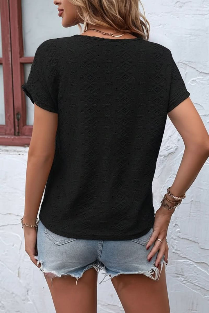Soft women's eyelet t-shirt with notched V-neck & short sleeves. Stylish & comfortable for all day.