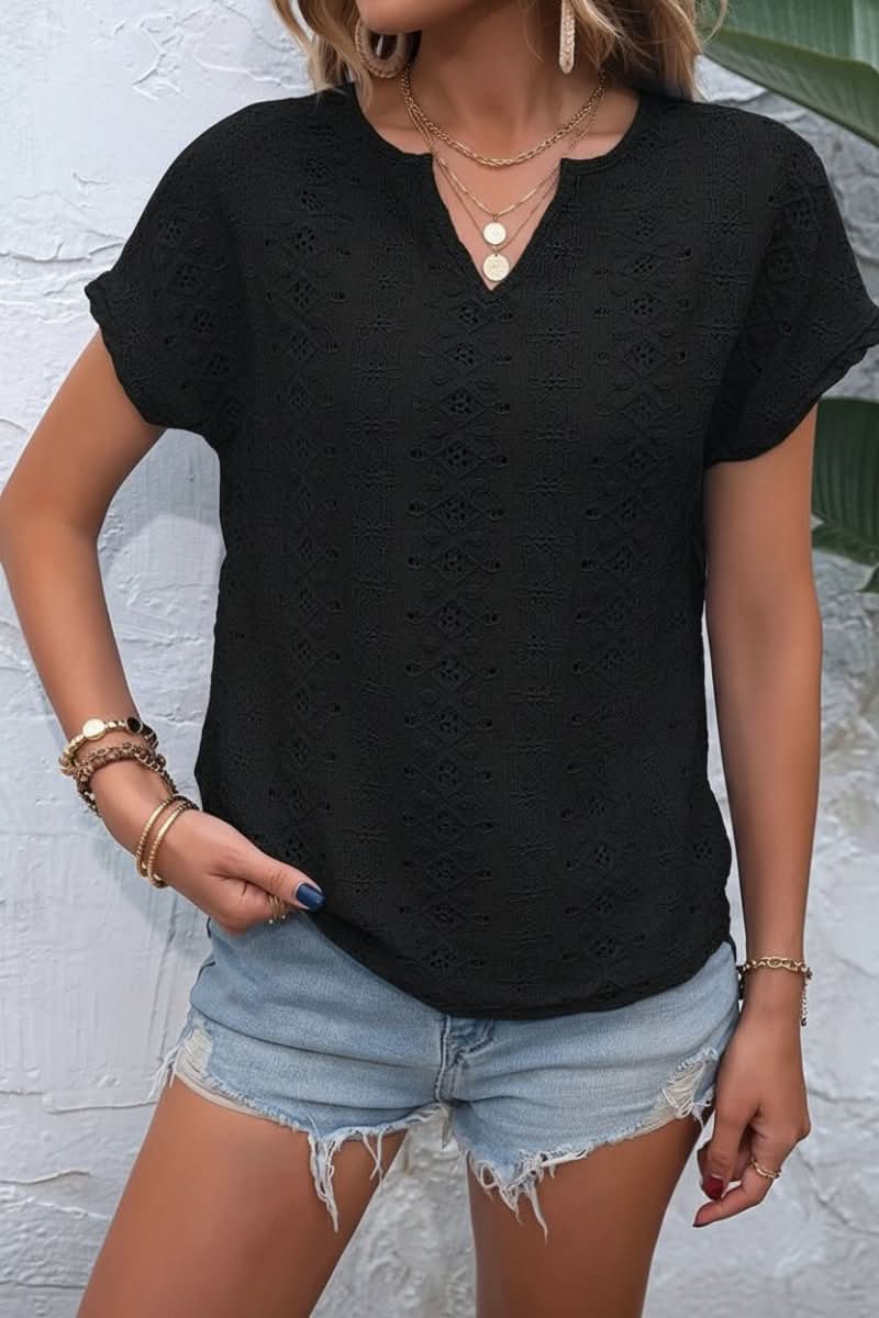 Versatile women's eyelet t-shirt, short sleeve with notched detail. Comfortable & chic summer top.