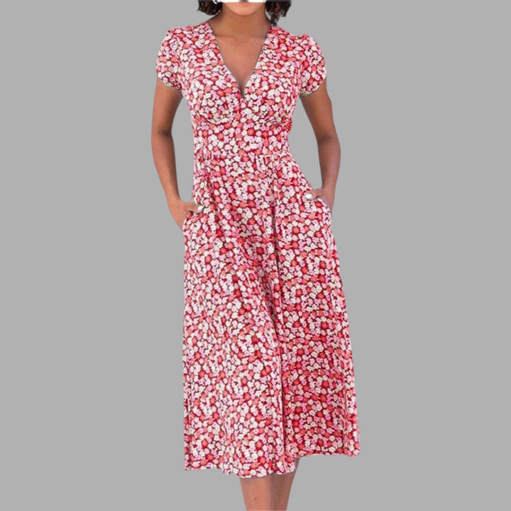 Elegant women's floral midi dress, a flowy V-neck summer dress with pockets for spring fashion and day events.
