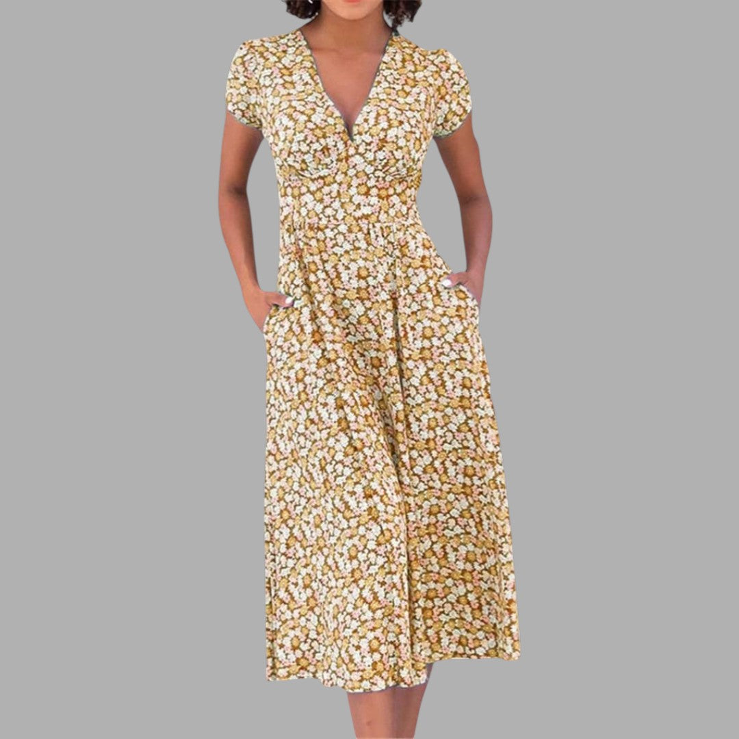 Stylish women's summer floral midi dress with V-neck and pockets, ideal for a comfortable yet elegant look.