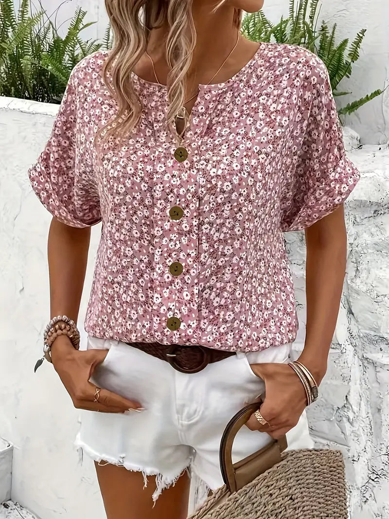 Effortless chic women's floral print blouse, an elegant flowy top perfect for versatile summer fashion.