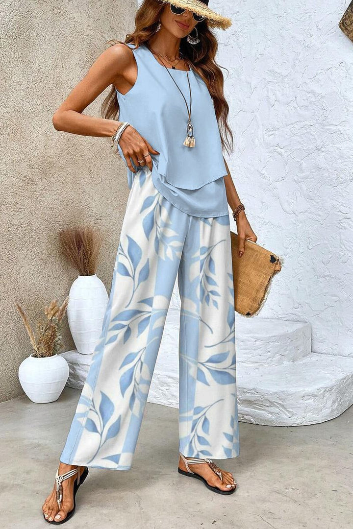 Comfortable women's floral print top and trouser set for effortless elegance, ideal for spring and summer style.
