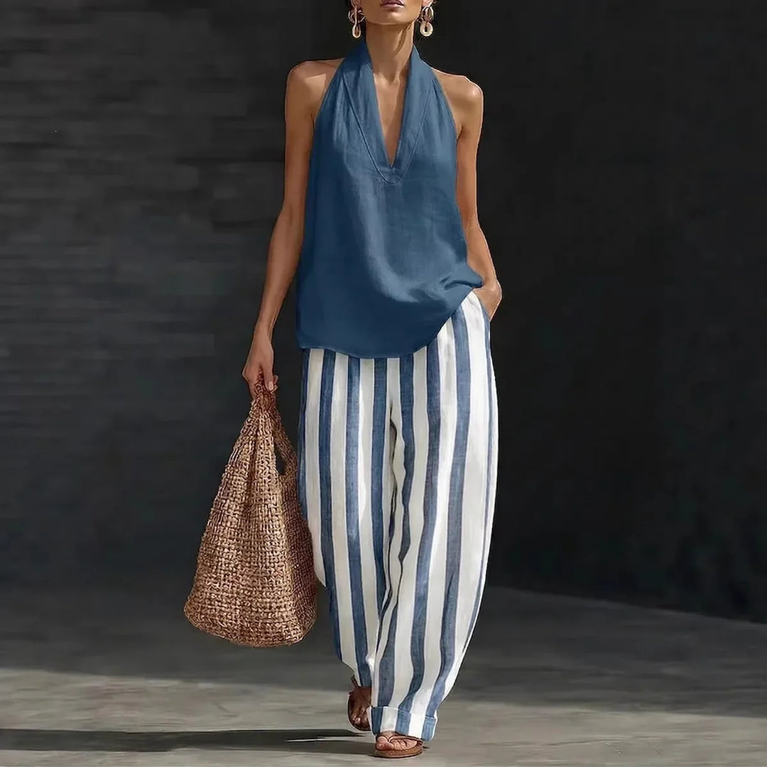 Comfortable women's matching set featuring a stylish halter top and chic wide leg trousers, great for everyday.