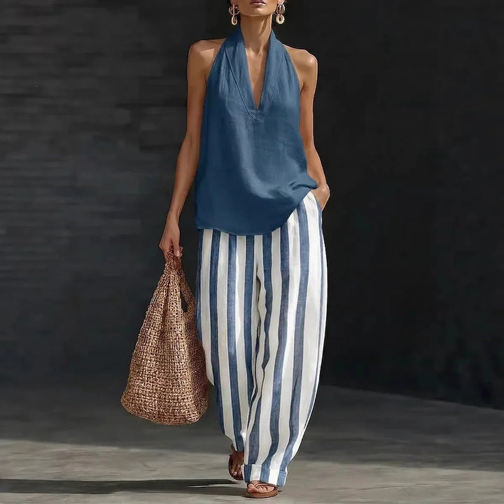 Comfortable women's matching set featuring a stylish halter top and chic wide leg trousers, great for everyday.
