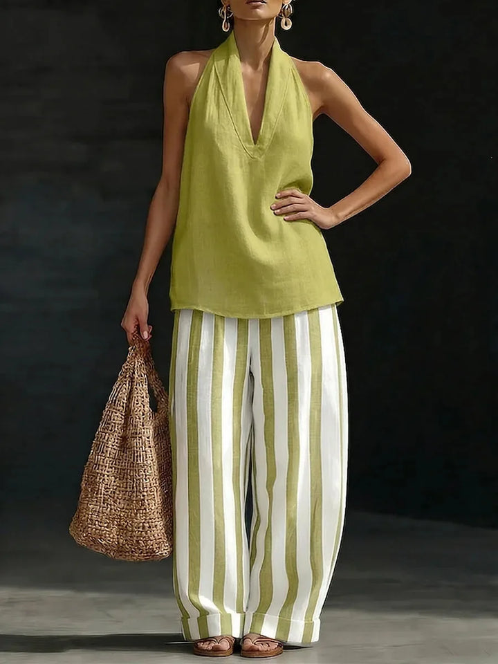 Versatile women's matching set with a casual halter top and chic wide leg pants, suitable for many occasions.
