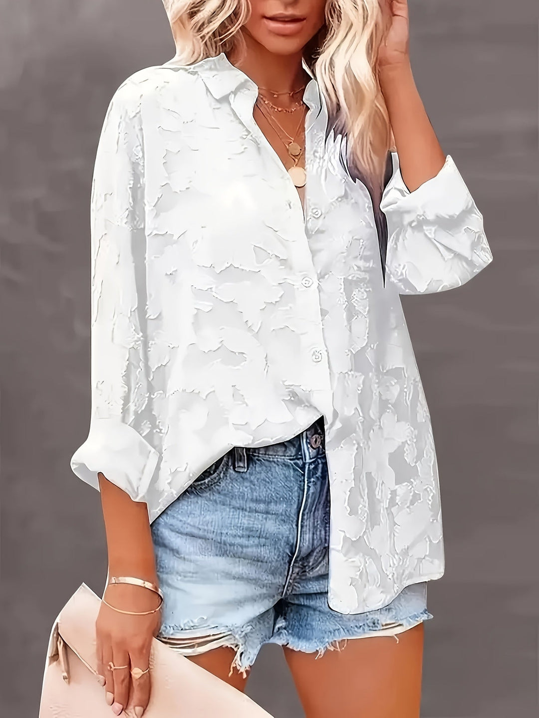 Sophisticated women's long sleeve V-neck blouse with elegant jacquard pattern, perfect for office or evening.