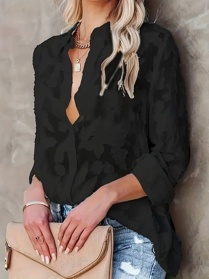 Stylish women's V-neck jacquard blouse, comfortable long sleeve top for a chic and elegant look.