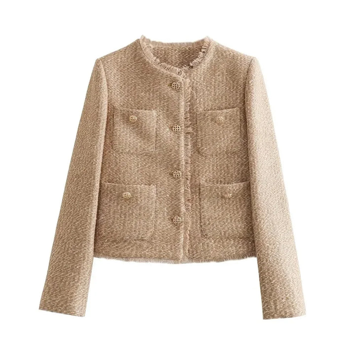 Women's elegant khaki tweed button-down jacket, a timeless outerwear staple
