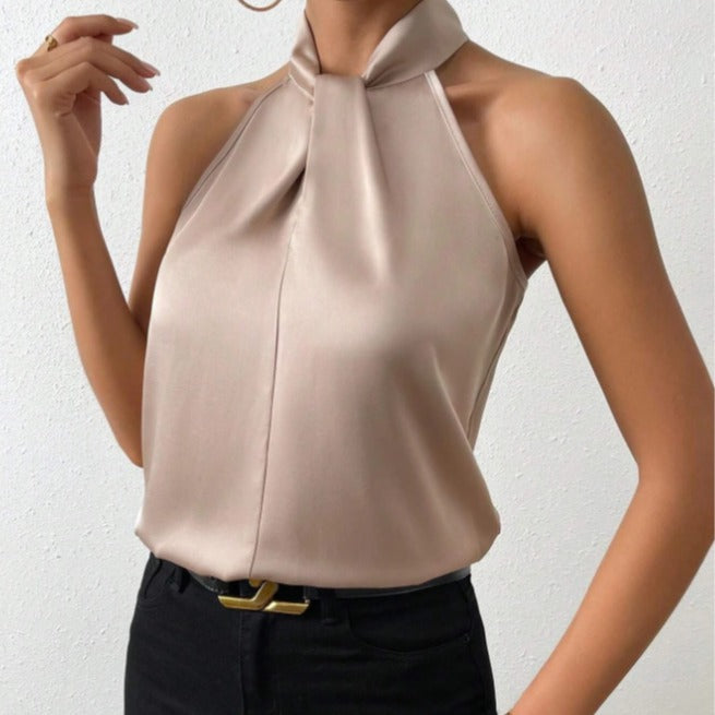 Women's chic knot neck halter top, sleeveless, perfect for summer fashion and versatile wear.