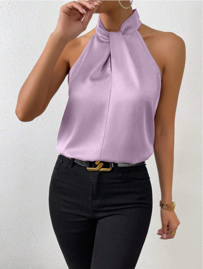 Summer chic women's top, sleeveless knot neck halter, perfect for both casual and dressy occasions.