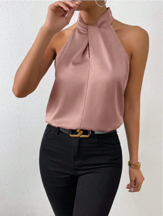 Chic women's knot neck halter blouse, sleeveless and versatile, suitable for any occasion.