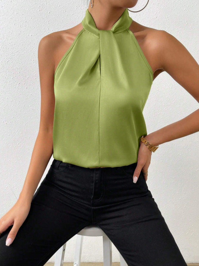 Summer fashion women's top, sleeveless and chic, featuring a knot neck halter design.