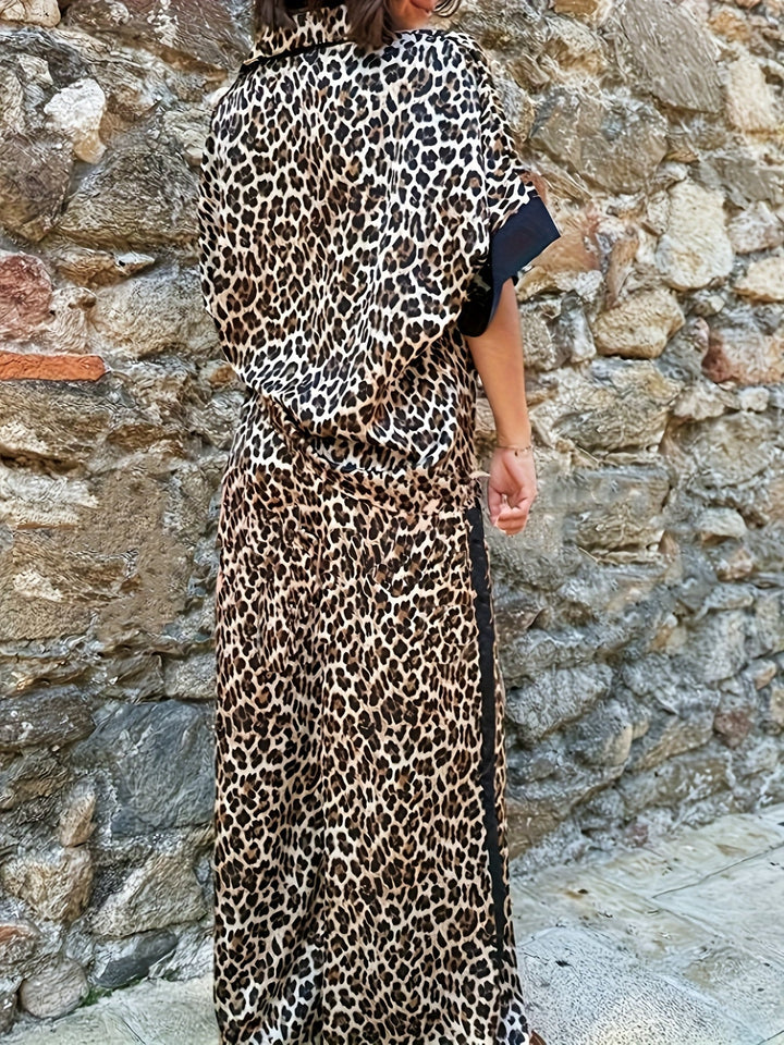 Elegant casual women's leopard print jumpsuit, wide leg, V-neck, perfect versatile outfit.