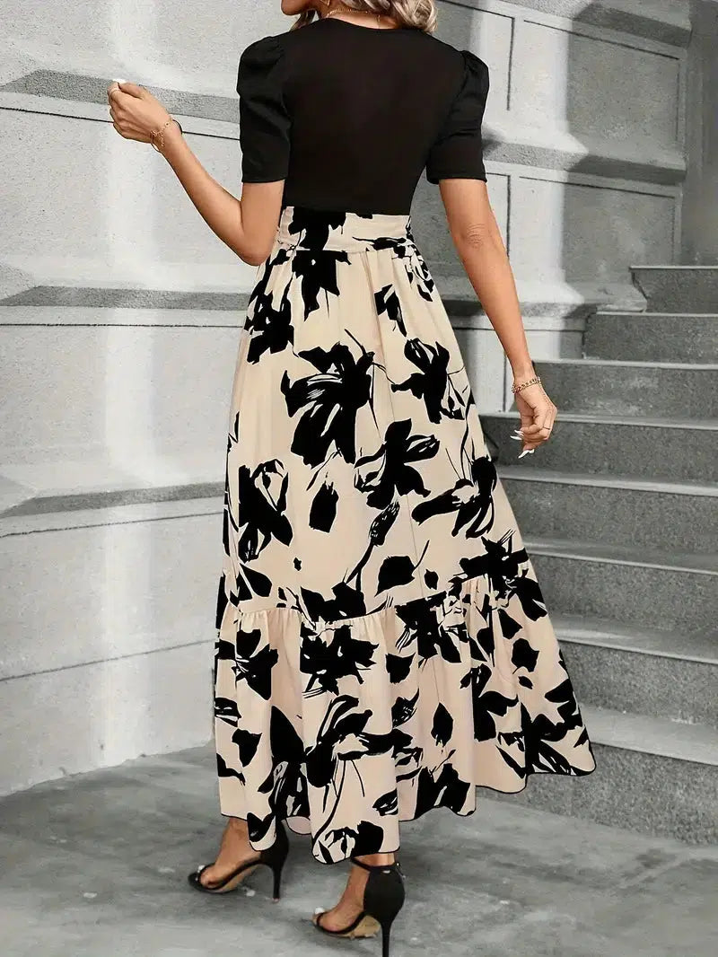Flowy patterned maxi dress for women, highlighting the comfortable fabric and stylish design details.