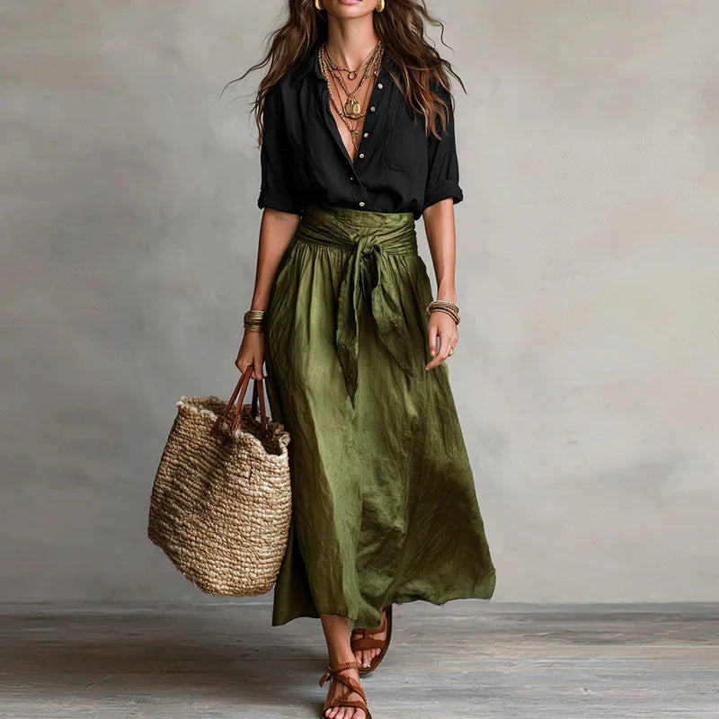 Fashionable women's long sleeve top & tie-waist skirt co-ord set, a comfortable and chic two-piece outfit.