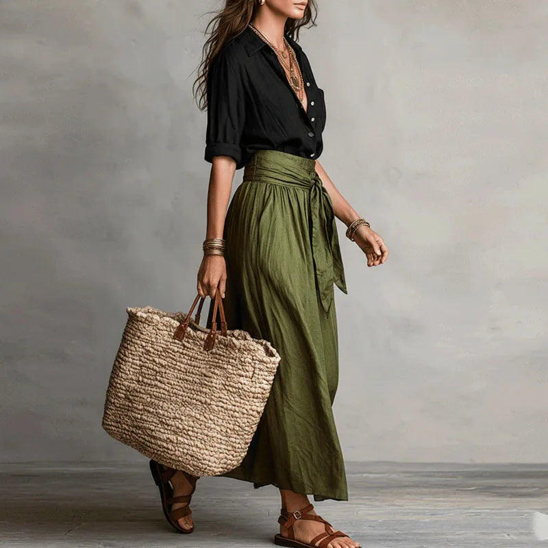 Versatile women's long sleeve skirt co-ord set, a stylish two-piece outfit suitable for office and casual looks.