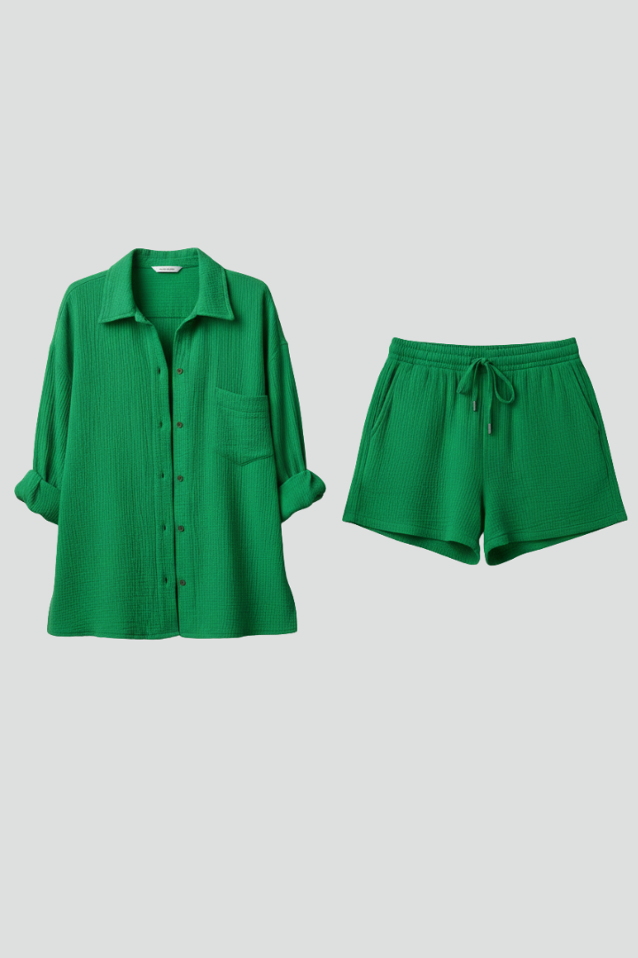 Women's chic lounge set: comfortable button-up shirt and drawstring shorts. Perfect relaxed two-piece outfit.