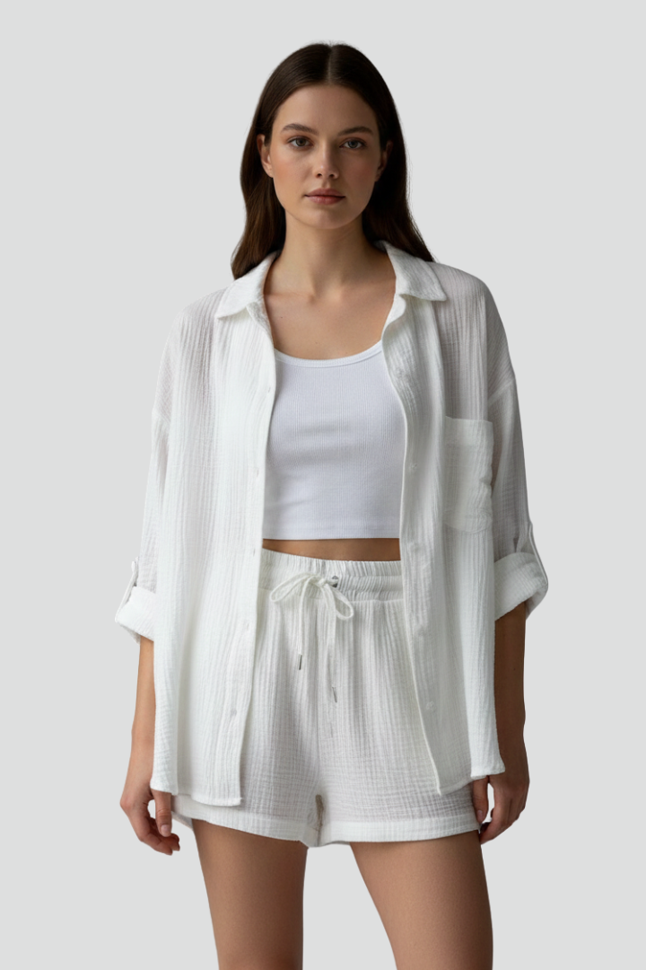 Versatile women's matching set: button-up shirt and drawstring shorts for spring & summer casual comfort.