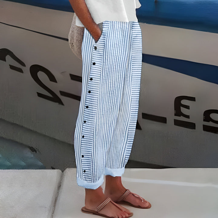 Women's chic mid-rise cropped trousers with straight leg, stripe panel & stylish button detail for versatile wear.