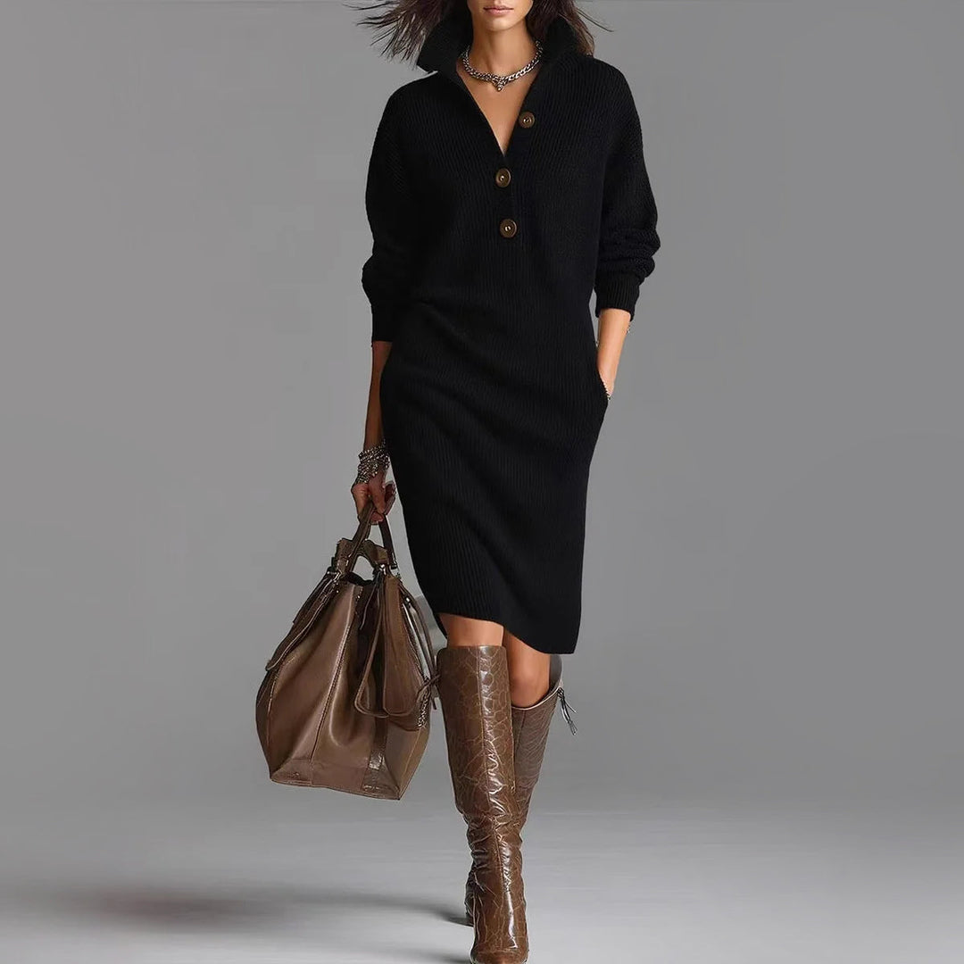Elegant women's long sleeve midi sweater dress with collar. Ideal slim fit for chic fall and winter fashion, versatile.