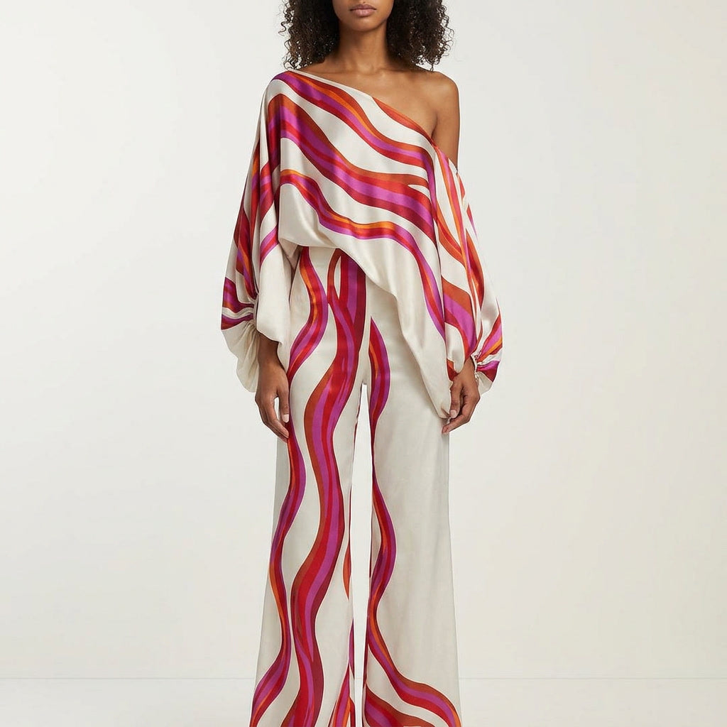 Women's chic off-shoulder summer two-piece set with lantern sleeves, perfect for casual wear or vacation.
