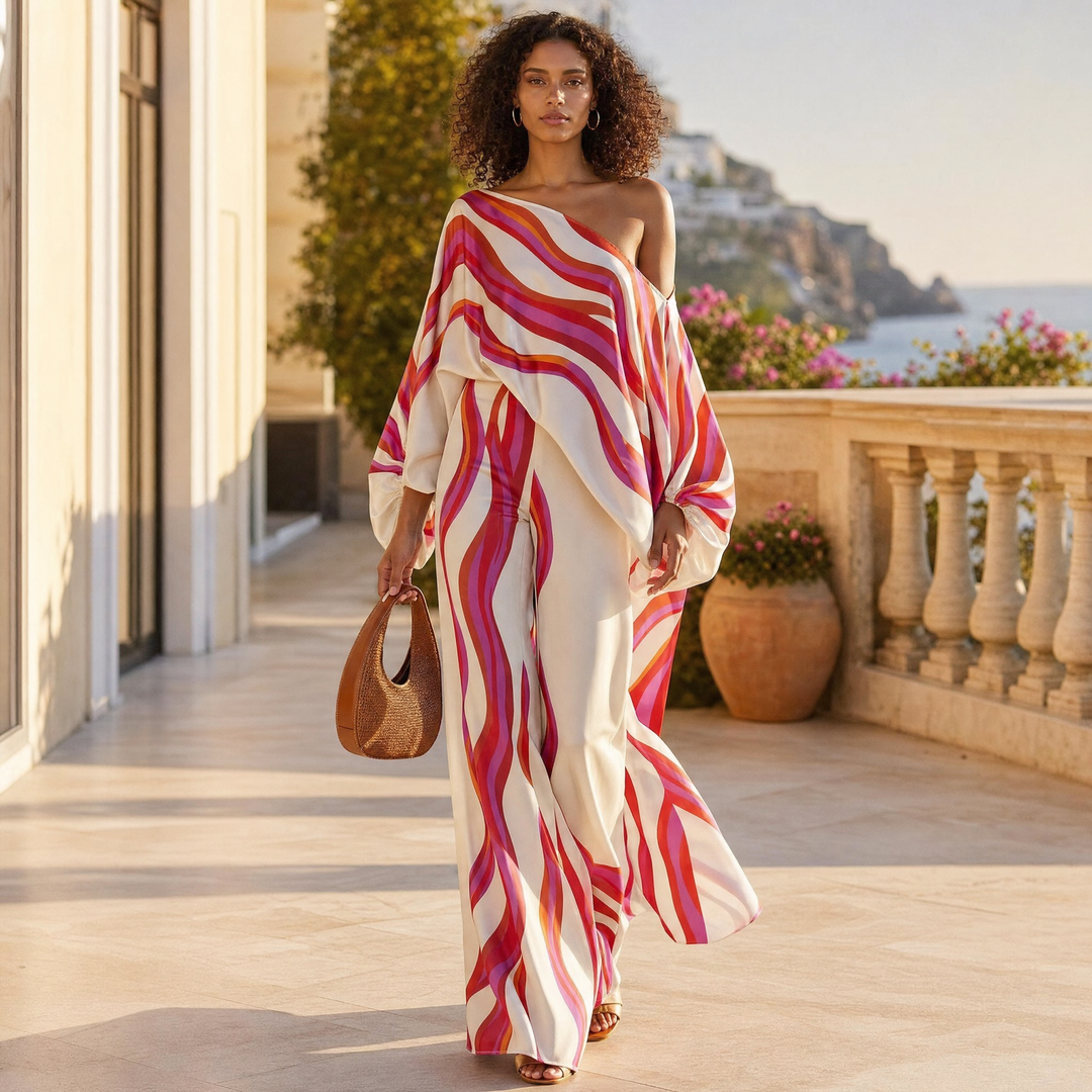 Vibrant printed women's off-shoulder two-piece set, a stylish summer outfit with lantern sleeves.