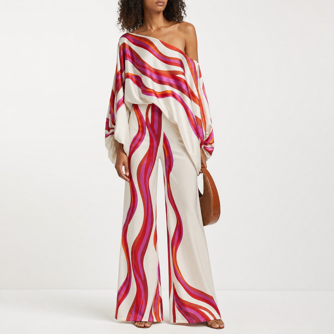 Casual women's off-shoulder two-piece summer ensemble, ideal for beach vacations or warm weather.