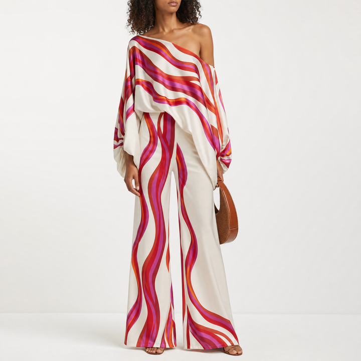 Casual women's off-shoulder two-piece summer ensemble, ideal for beach vacations or warm weather.